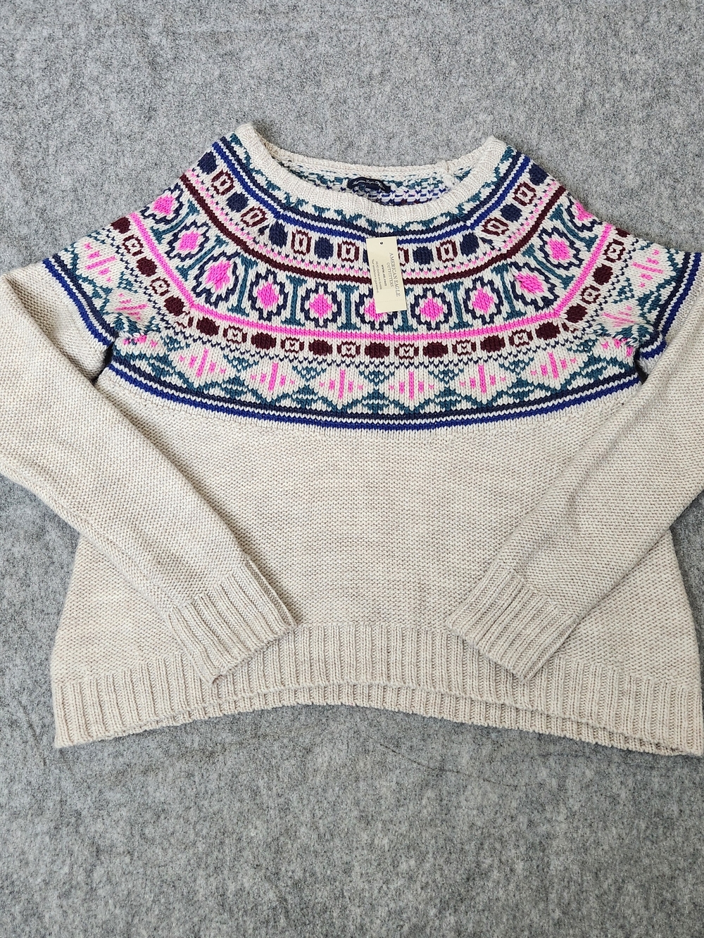 NWT American Eagle Fair Isle Knit Chunky Sweater Women's L Beige Ribbed Winter